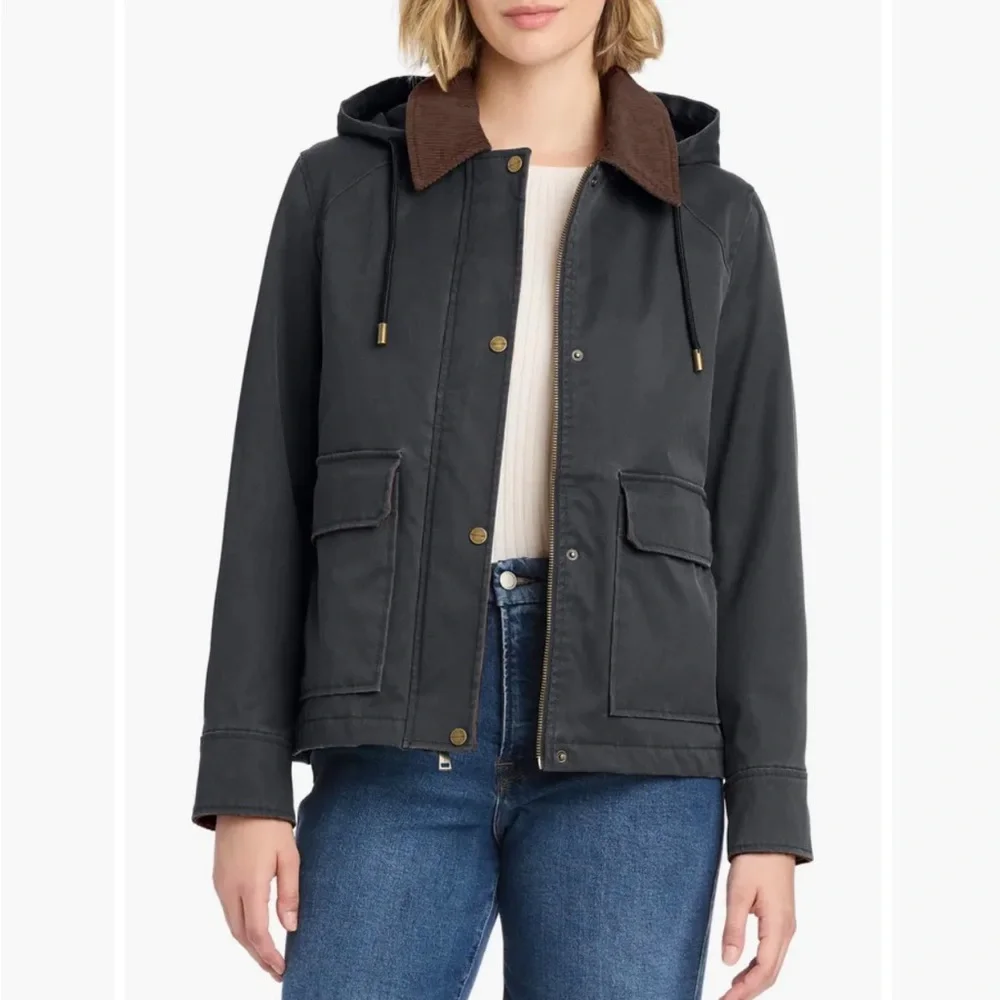MODERN SUPPLY BY SANCTUARY HOODED WAXED JACKET BARN CHORE COAT CORDUROY‎ COLLAR - Picture 6 of 16